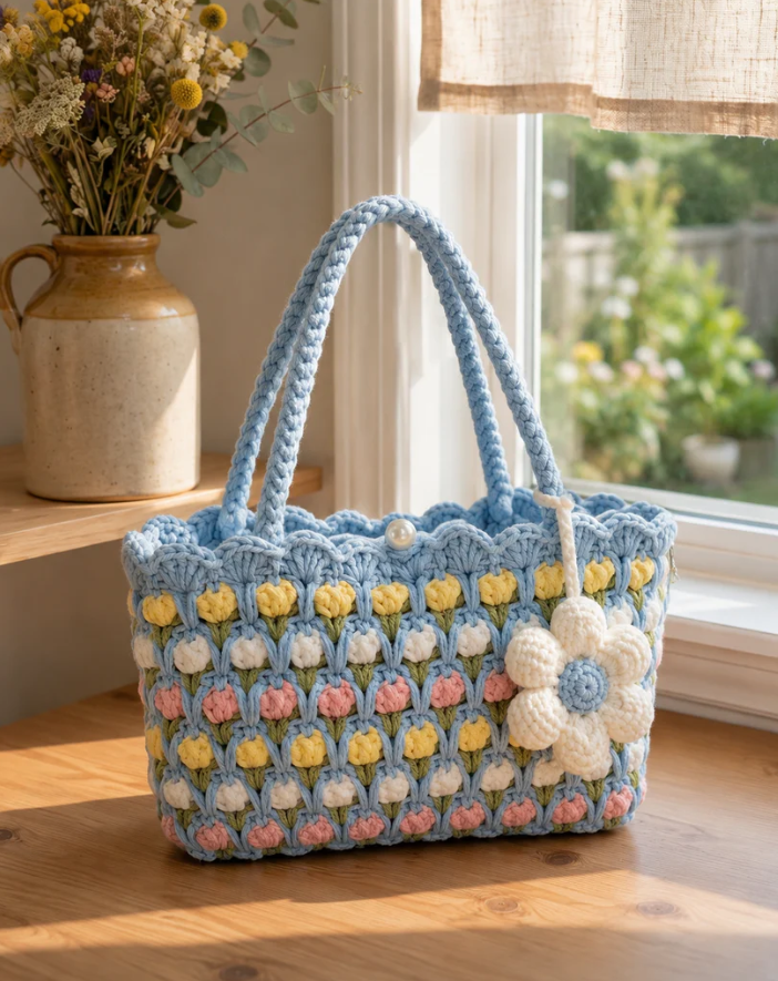 Bolsa Tote Floral 40 × 40 em Crochê